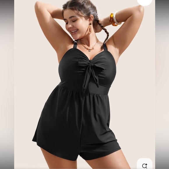 BloomChic Plus Size Plain Bowknot Pocket Gathered One Piece Swimsuit - Picture 1 of 5